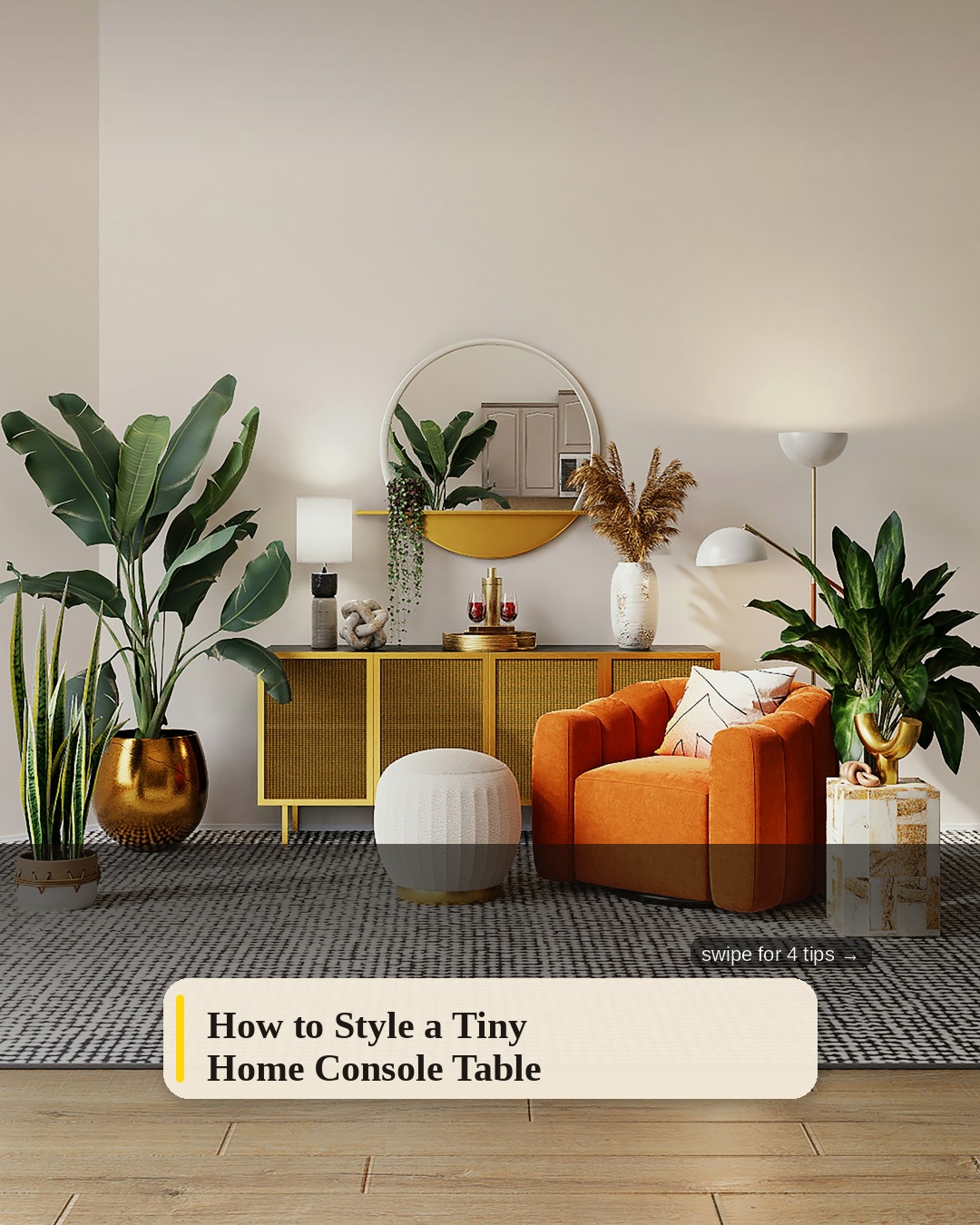 A warm interior with an orange armchair, leafy plants, a round mirror, and a slim console